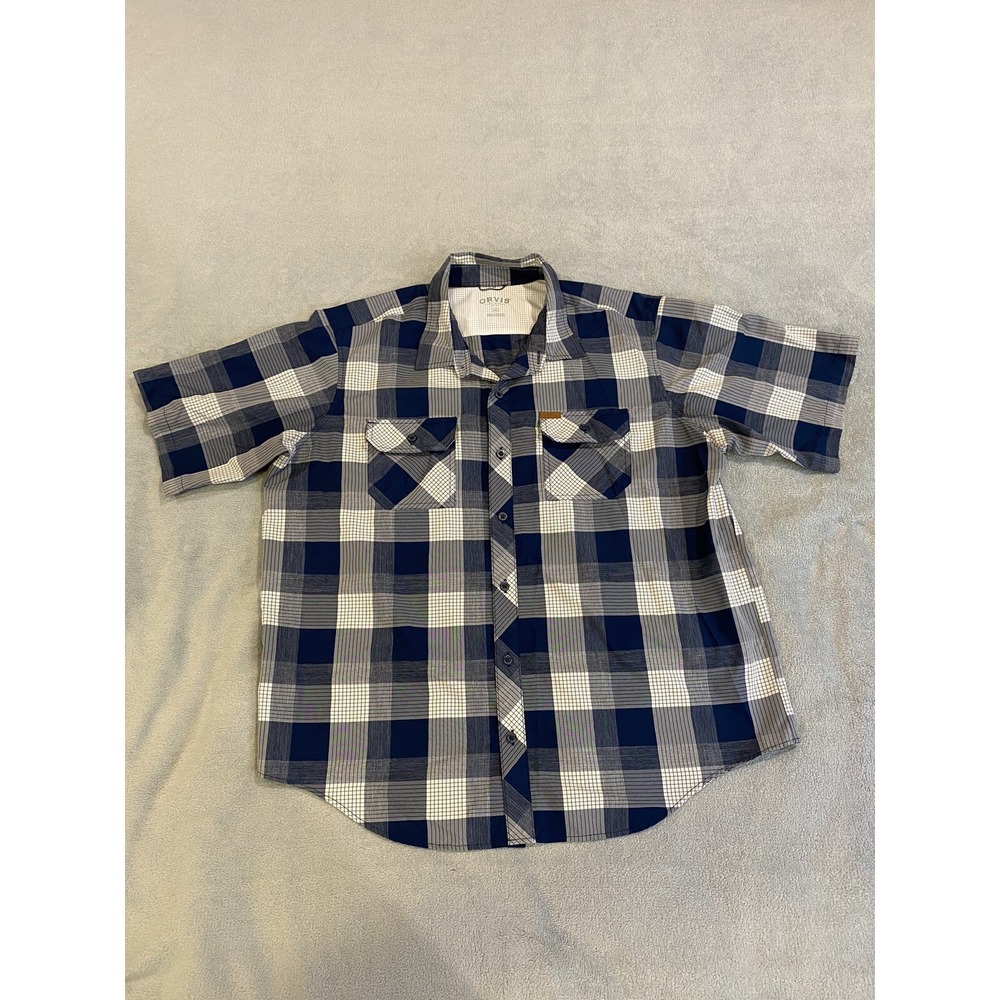 Orvis Tech Button Up Shirt Mens 2XL XXL Blue Plaid Pockets Lightweight Casual